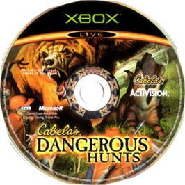 Artwork on the CD for Cabela's Dangerous Hunts on the Microsoft Xbox.