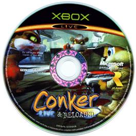 Artwork on the CD for Conker: Live & Reloaded on the Microsoft Xbox.