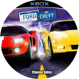 Artwork on the CD for Ford Vs. Chevy on the Microsoft Xbox.