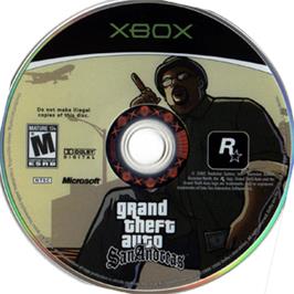 Artwork on the CD for Grand Theft Auto: San Andreas on the Microsoft Xbox.