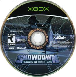 Artwork on the CD for Showdown: Legends of Wrestling on the Microsoft Xbox.