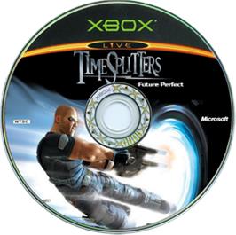 Artwork on the CD for TimeSplitters: Future Perfect on the Microsoft Xbox.
