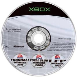 Artwork on the CD for Total Club Manager 2005 on the Microsoft Xbox.