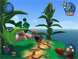 In game image of Worms 3D on the Microsoft Xbox.