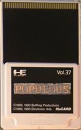 Cartridge artwork for Populous on the NEC PC Engine.