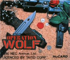 Top of cartridge artwork for Operation Wolf on the NEC PC Engine.