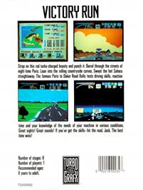 Box back cover for Victory Run on the NEC TurboGrafx-16.