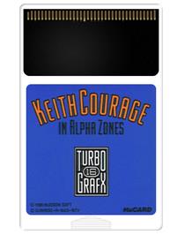 Cartridge artwork for Keith Courage in Alpha Zones on the NEC TurboGrafx-16.