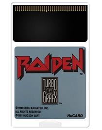 Cartridge artwork for Raiden on the NEC TurboGrafx-16.