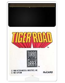 Cartridge artwork for Tiger Road on the NEC TurboGrafx-16.
