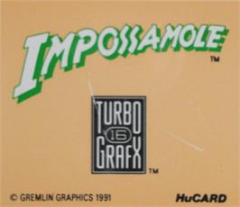 Top of cartridge artwork for Impossamole on the NEC TurboGrafx-16.