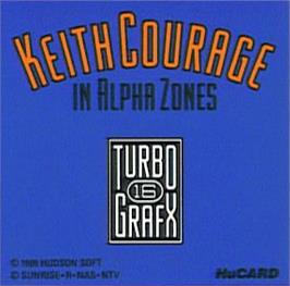 Top of cartridge artwork for Keith Courage in Alpha Zones on the NEC TurboGrafx-16.