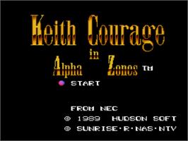 Title screen of Keith Courage in Alpha Zones on the NEC TurboGrafx-16.
