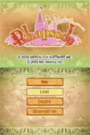 Title screen of Rhapsody: A Musical Adventure on the Nintendo DS.