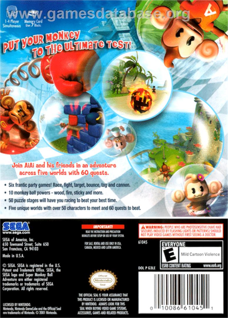 Super Monkey Ball Adventure - Nintendo GameCube - Artwork - Box Back