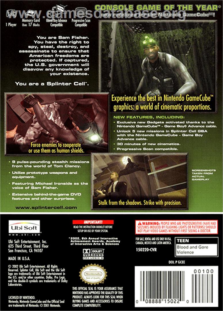 Tom Clancy's Splinter Cell - Nintendo GameCube - Artwork - Box Back