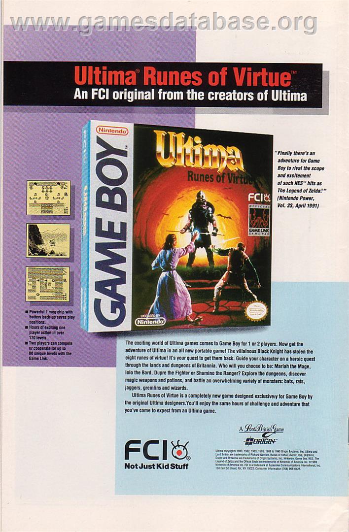 Ultima: Runes of Virtue - Nintendo Game Boy - Artwork - Advert