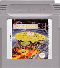 Cartridge artwork for Populous on the Nintendo Game Boy.