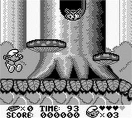 In game image of Smurfs on the Nintendo Game Boy.