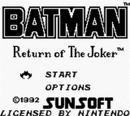 Title screen of Batman: Return of the Joker on the Nintendo Game Boy.