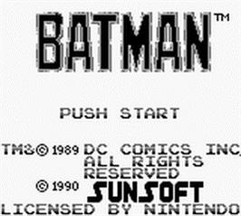 Title screen of Batman: The Video Game on the Nintendo Game Boy.