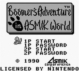 Title screen of Boomer's Adventure in ASMIK World on the Nintendo Game Boy.