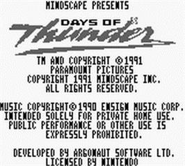 Title screen of Days of Thunder on the Nintendo Game Boy.