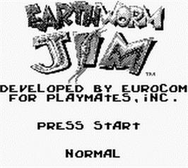 Title screen of Earthworm Jim on the Nintendo Game Boy.
