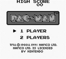 Title screen of Pac-Man on the Nintendo Game Boy.