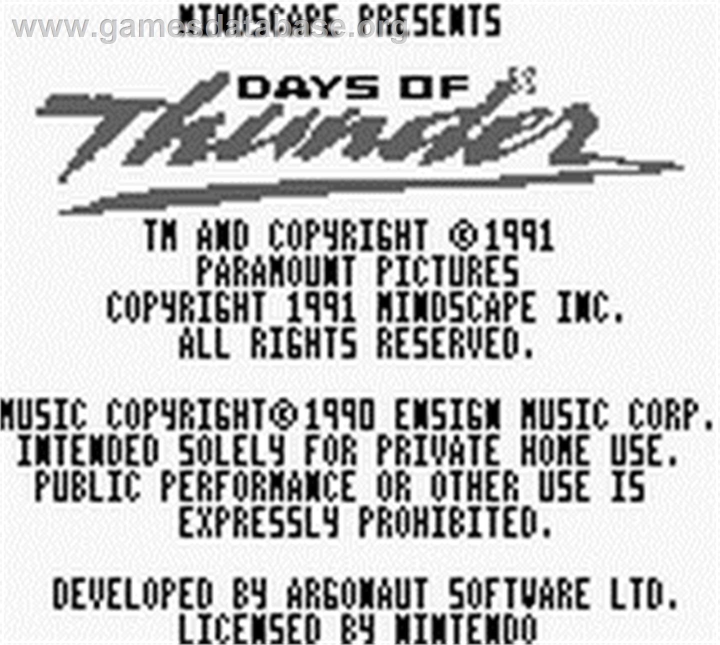 Days of Thunder - Nintendo Game Boy - Artwork - Title Screen