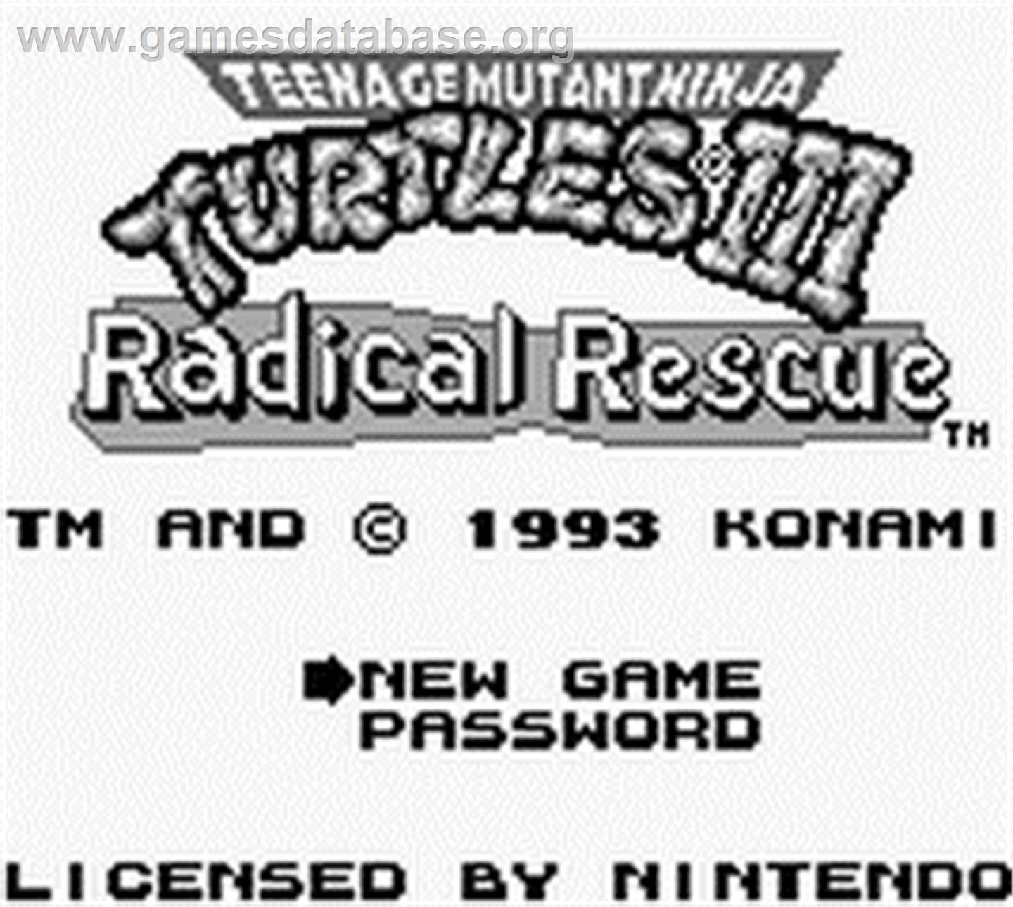 Teenage Mutant Ninja Turtles 3: Radical Rescue - Nintendo Game Boy - Artwork - Title Screen