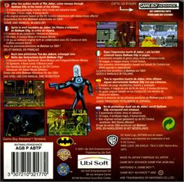 Box back cover for Batman: Vengeance on the Nintendo Game Boy Advance.