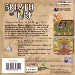 Box back cover for Breath of Fire on the Nintendo Game Boy Advance.