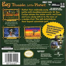 Box back cover for Crash Bandicoot: The Huge Adventure on the Nintendo Game Boy Advance.
