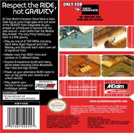 Box back cover for Dave Mirra Freestyle BMX 2 on the Nintendo Game Boy Advance.