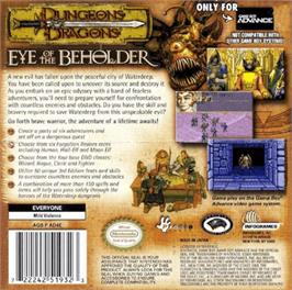 Box back cover for Dungeons & Dragons: Eye of the Beholder on the Nintendo Game Boy Advance.