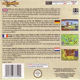 Box back cover for Fire Emblem: The Sacred Stones on the Nintendo Game Boy Advance.