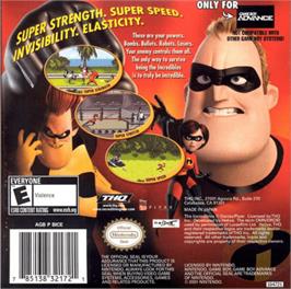 Box back cover for Incredibles on the Nintendo Game Boy Advance.