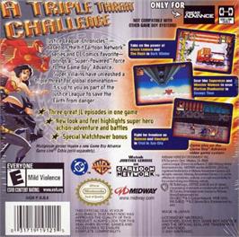 Box back cover for Justice League: Chronicles on the Nintendo Game Boy Advance.