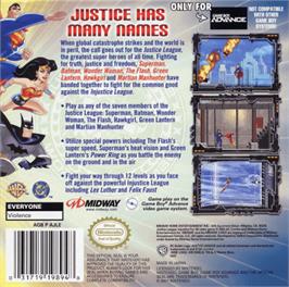 Box back cover for Justice League: Injustice for All on the Nintendo Game Boy Advance.