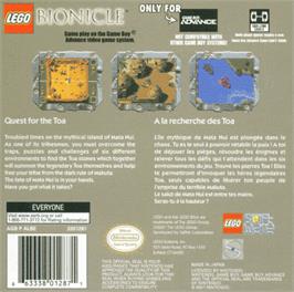 Box back cover for LEGO Bionicle: Tales of Tohunga on the Nintendo Game Boy Advance.