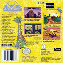Box back cover for Land Before Time on the Nintendo Game Boy Advance.