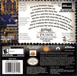 Box back cover for Lemony Snicket's A Series of Unfortunate Events on the Nintendo Game Boy Advance.