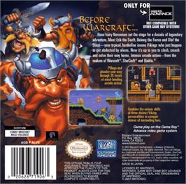 Box back cover for Lost Vikings on the Nintendo Game Boy Advance.