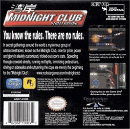 Box back cover for Midnight Club: Street Racing on the Nintendo Game Boy Advance.