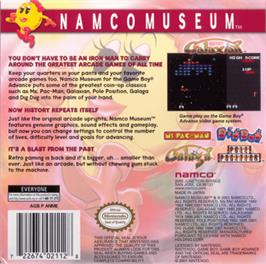 Box back cover for Namco Museum on the Nintendo Game Boy Advance.