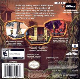 Box back cover for Pitfall: The Lost Expedition on the Nintendo Game Boy Advance.