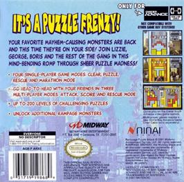 Box back cover for Rampage Puzzle Attack on the Nintendo Game Boy Advance.