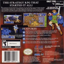 Box back cover for Shining Force: Resurrection of the Dark Dragon on the Nintendo Game Boy Advance.