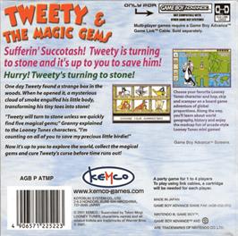 Box back cover for Tweety and the Magic Gems on the Nintendo Game Boy Advance.